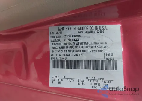 2001 Ford Mustang z USA, uszkodzony, nr VIN 1FAFP44441F234771